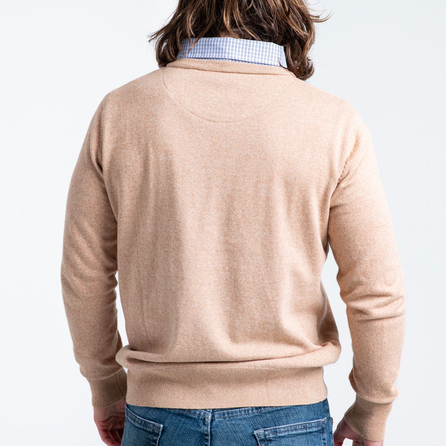 Men’s Oatmeal Sweater with Blue Check Collared Shirt