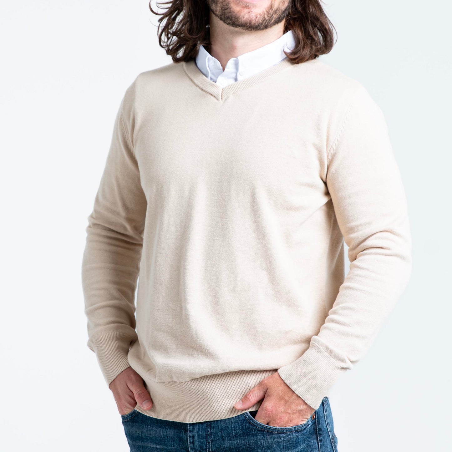 Men’s Sand Sweater with White Collared Shirt