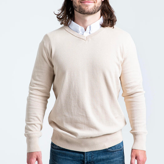 Men’s Sand Sweater with White Collared Shirt