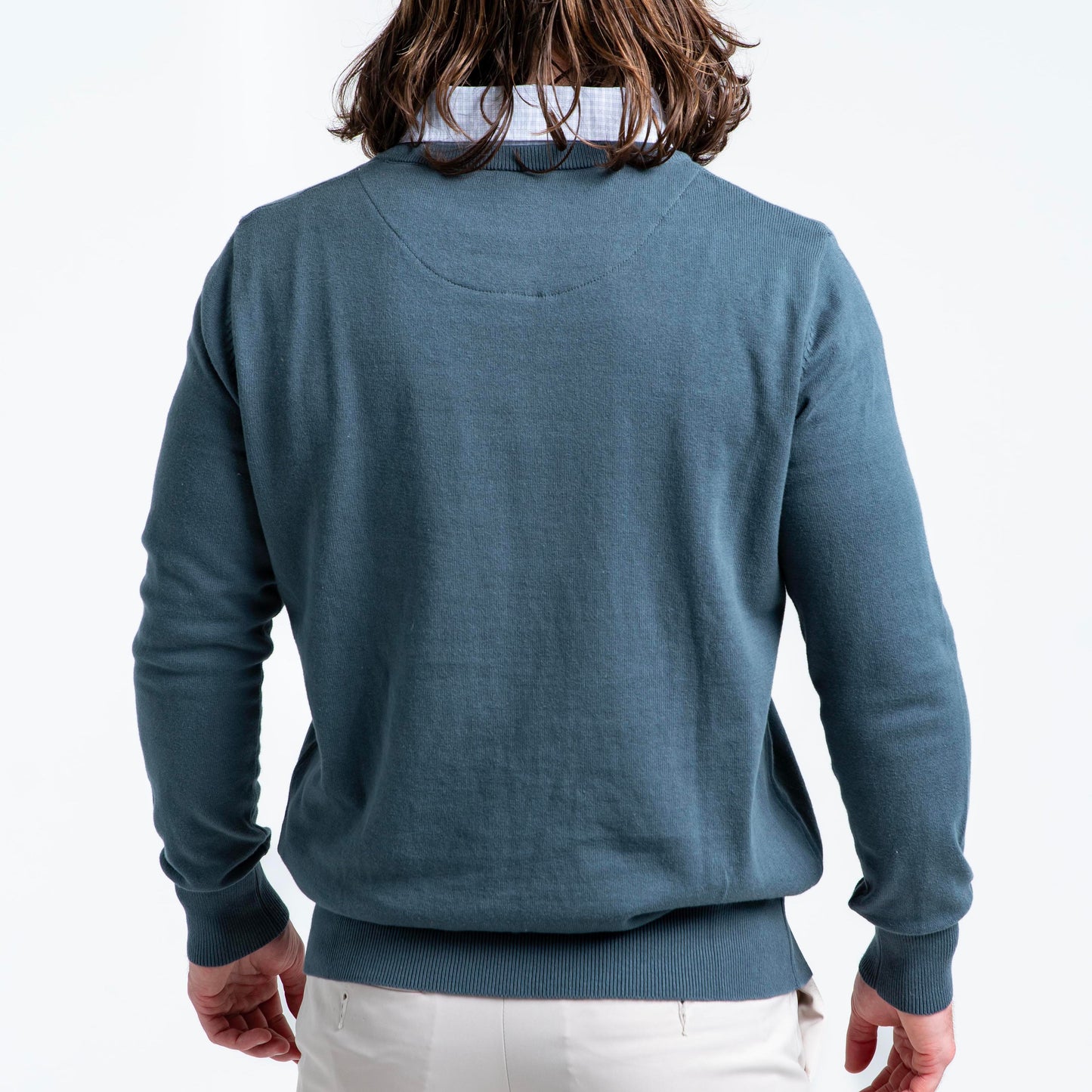 Men’s Atlantic Green Sweater with Light Check Collared Shirt