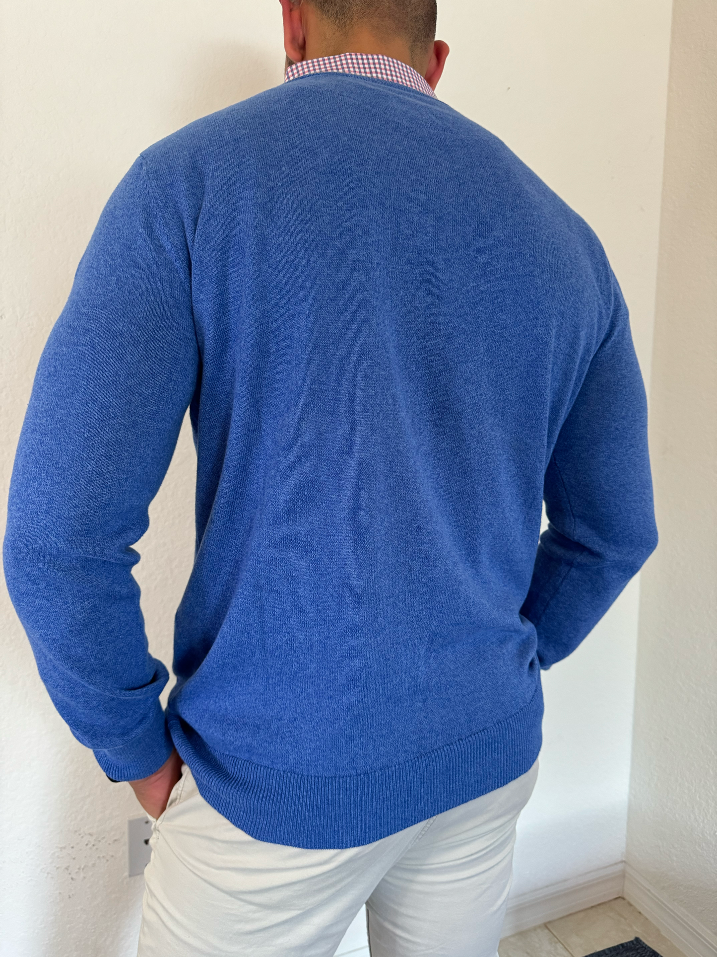 Men’s Sky Blue Sweater with Pink & Blue Check Collared Shirt