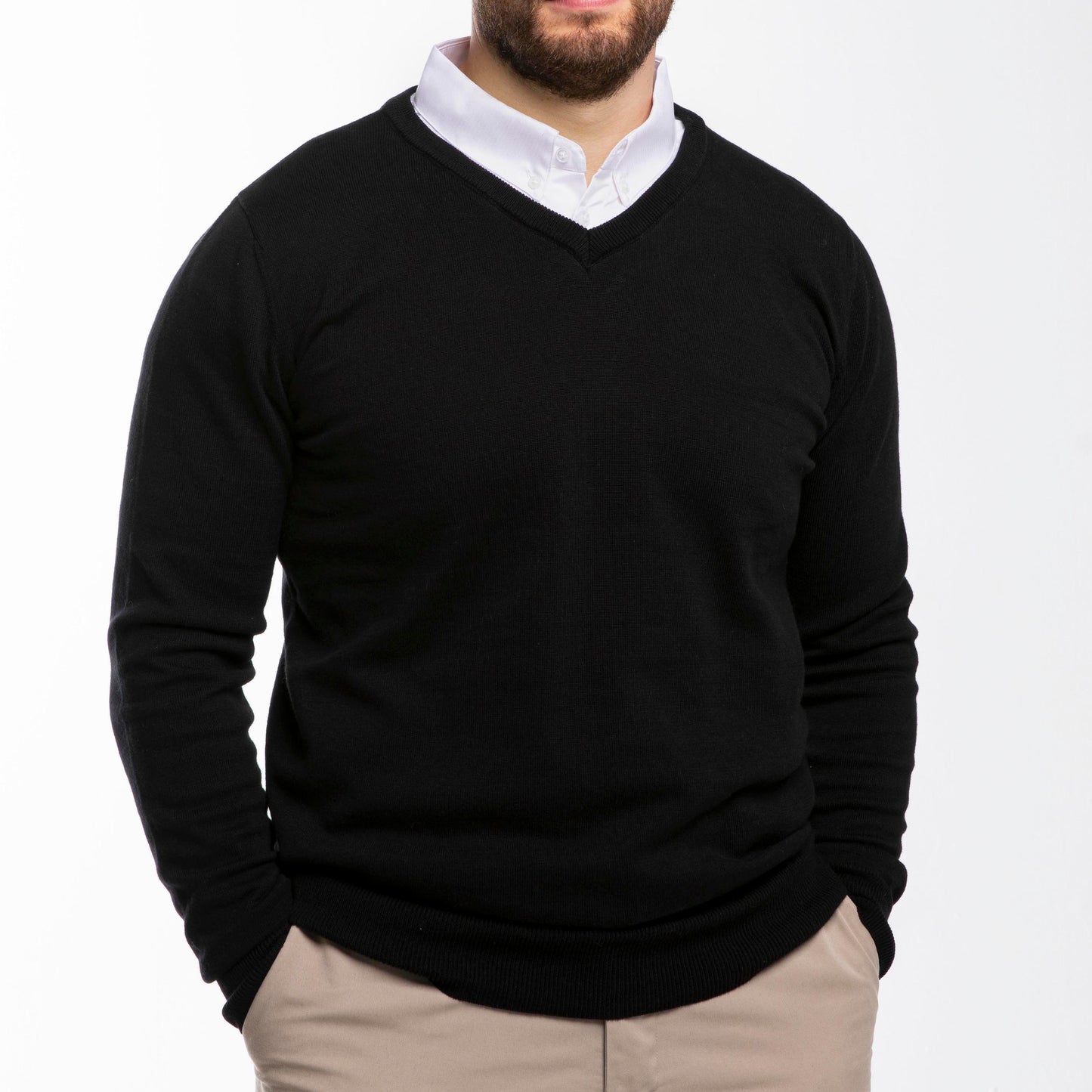Men’s Classic Black Sweater with White Collared Shirt