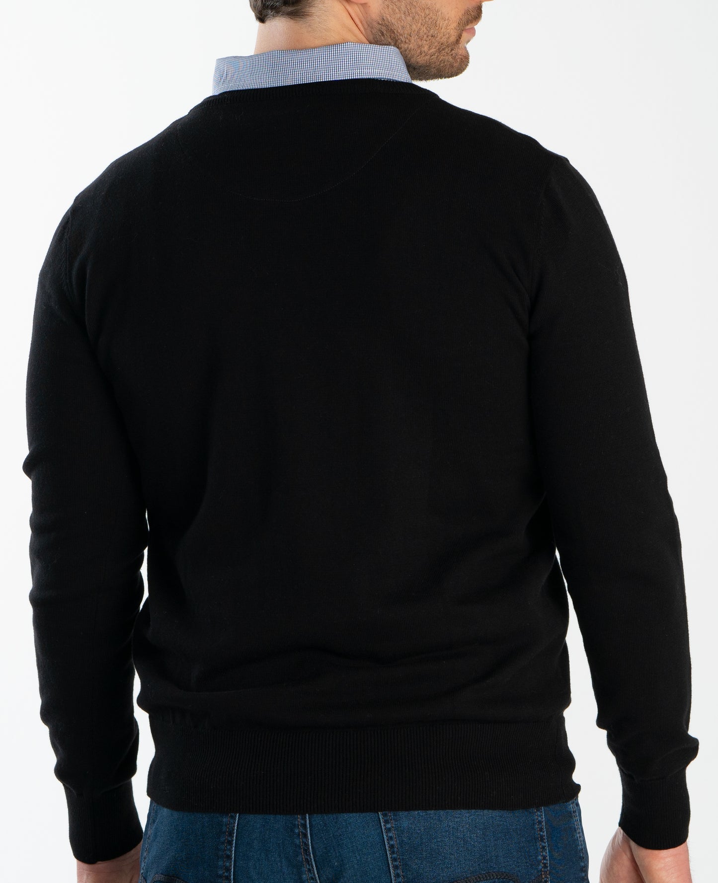 Men’s Classic Black Sweater with Micro Gingham Collared Shirt