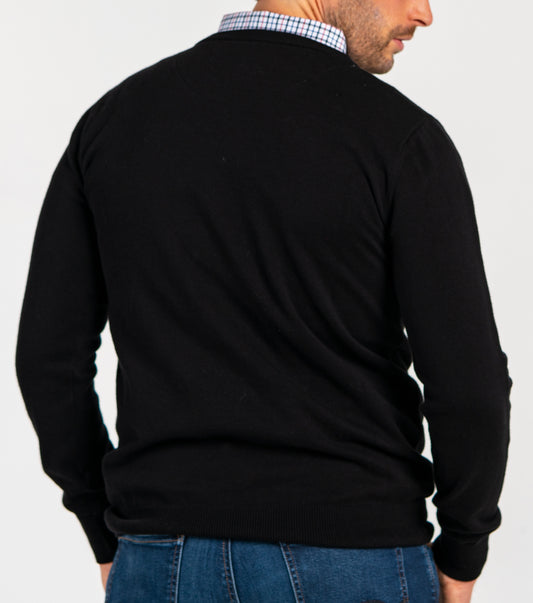 Men’s Classic Black Sweater with Multicolor Gingham Collared Shirt