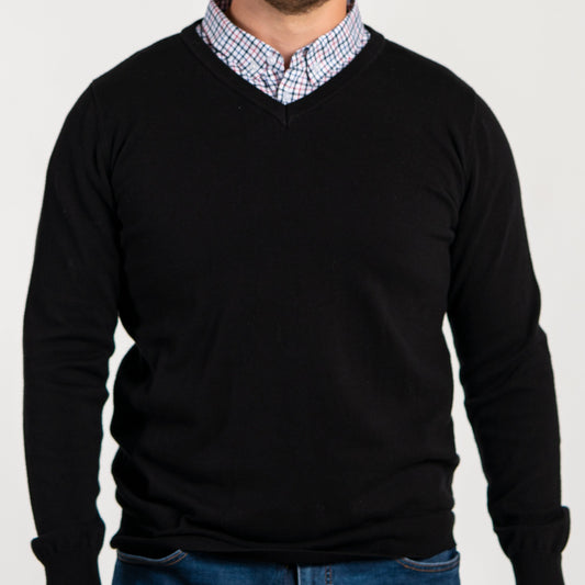 Men’s Classic Black Sweater with Multicolor Gingham Collared Shirt