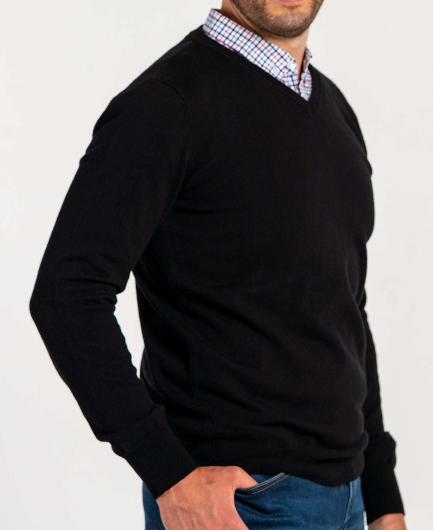 Men’s Classic Black Sweater with Multicolor Gingham Collared Shirt