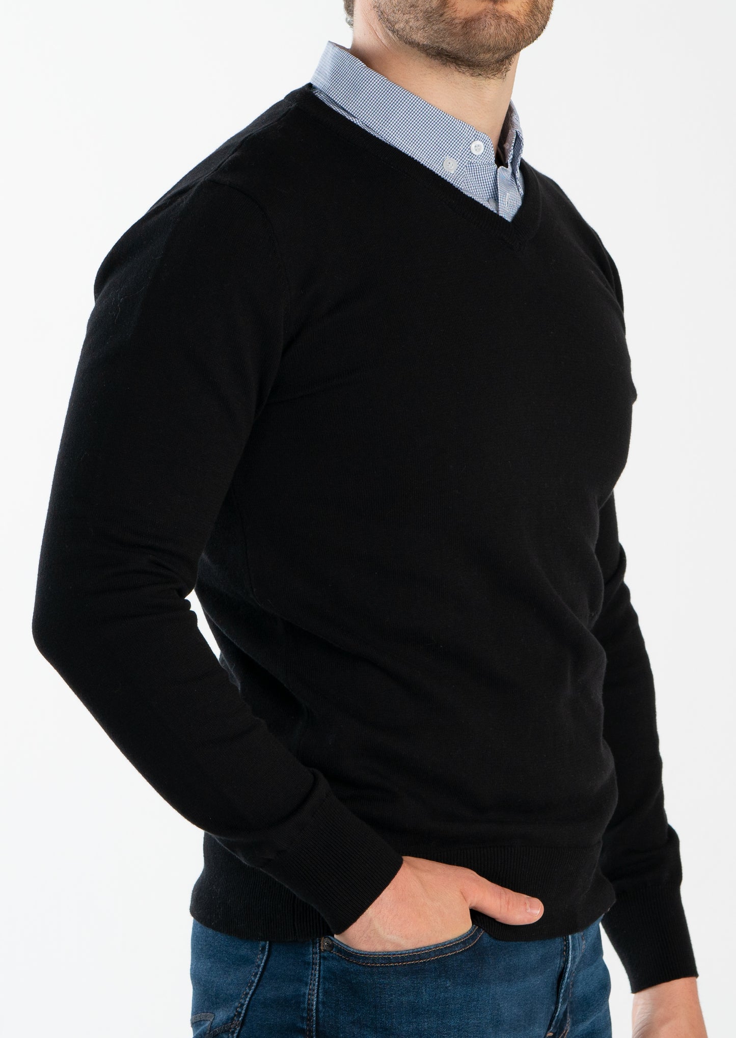 Men’s Classic Black Sweater with Micro Gingham Collared Shirt