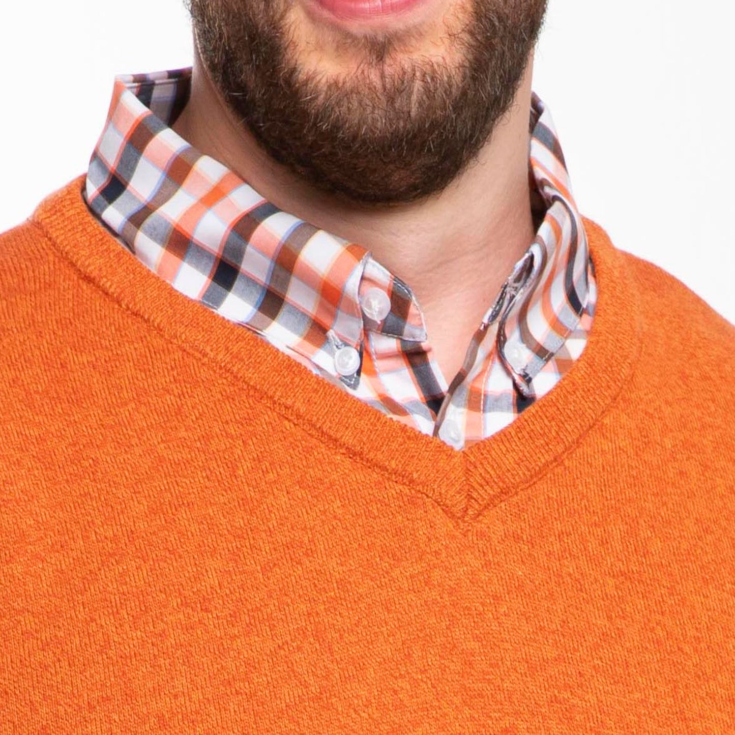 Men’s Heathered Orange Sweater with Check Collared Shirt