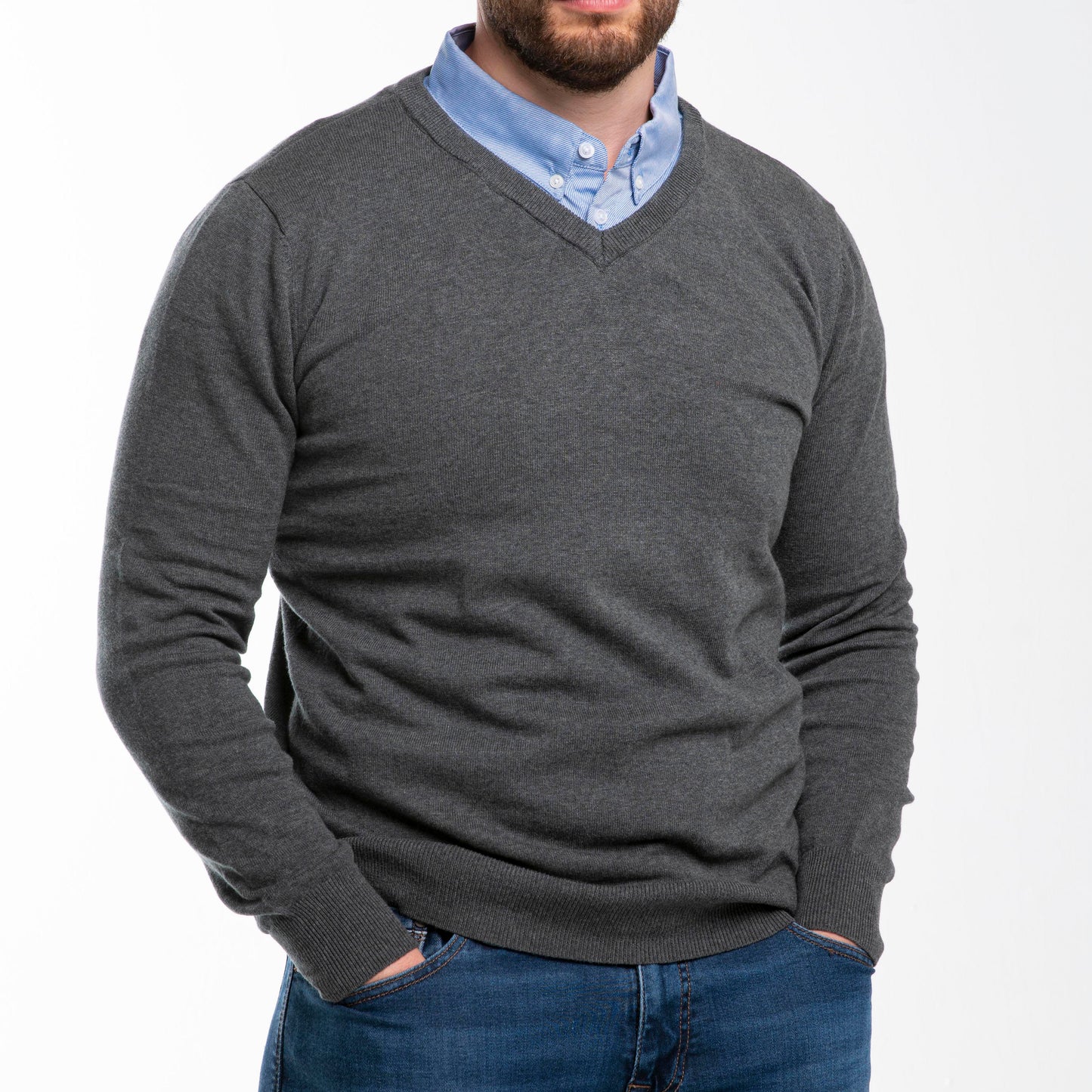 Men’s Grey Sweater with Blue Collared Shirt