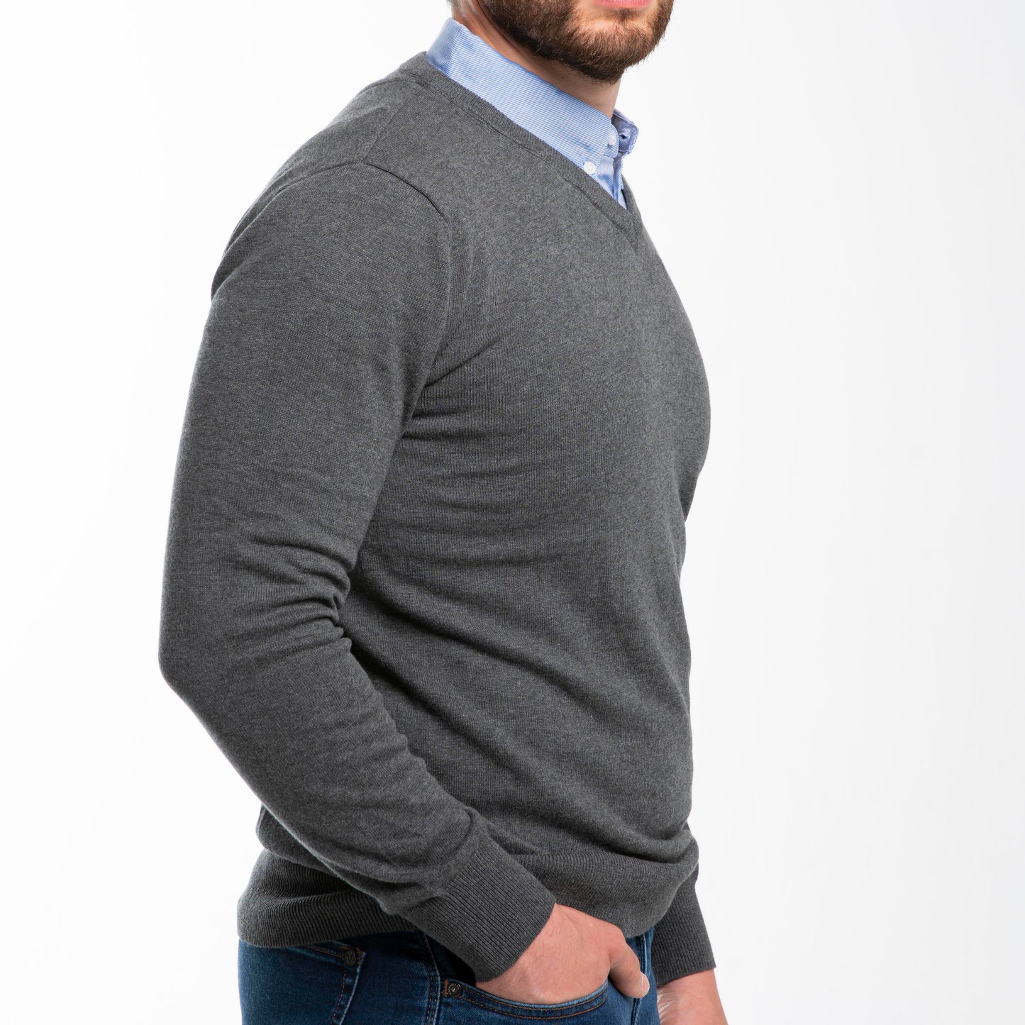 Men’s Grey Sweater with Blue Collared Shirt