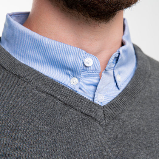 Men’s Grey Sweater with Blue Collared Shirt