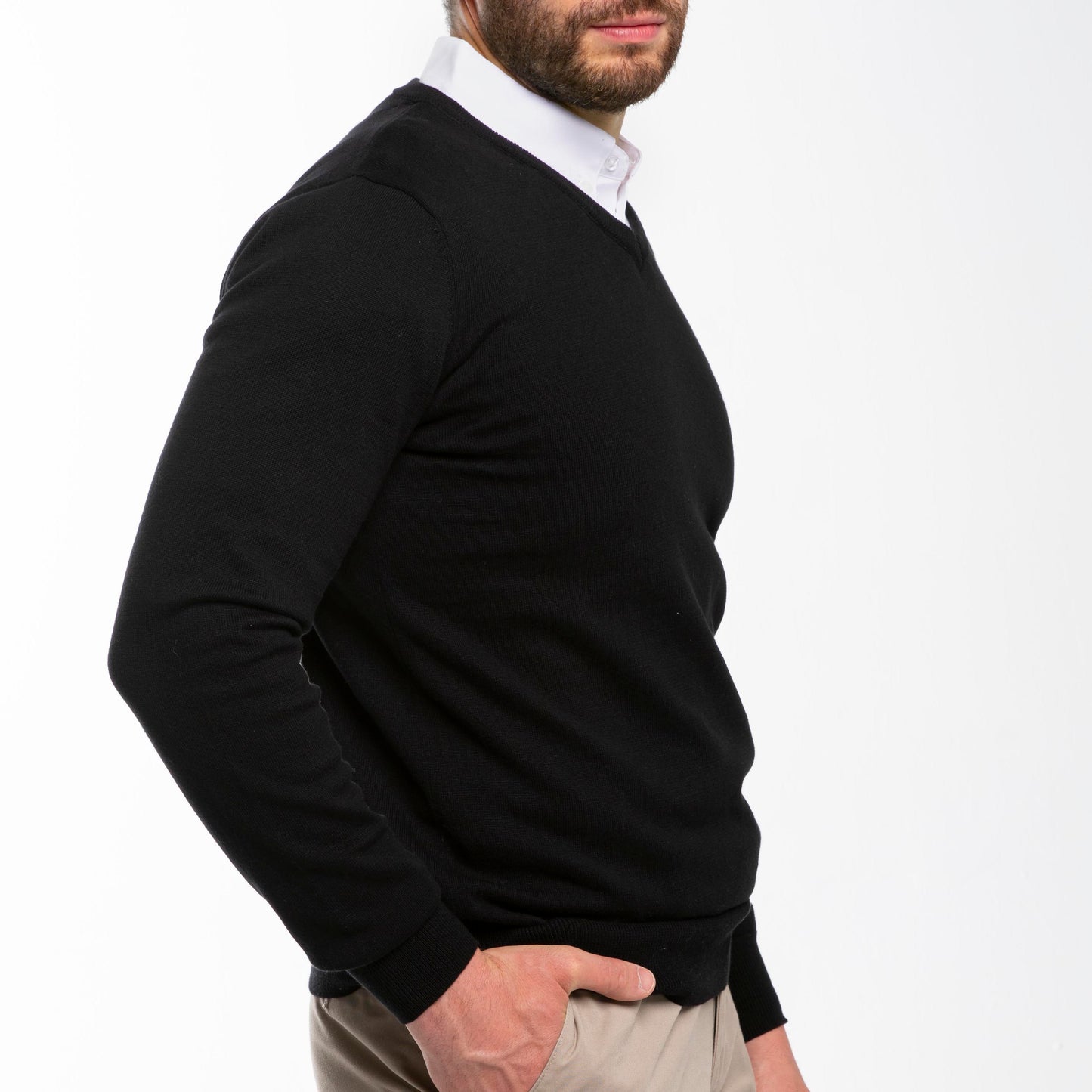 Men’s Classic Black Sweater with White Collared Shirt