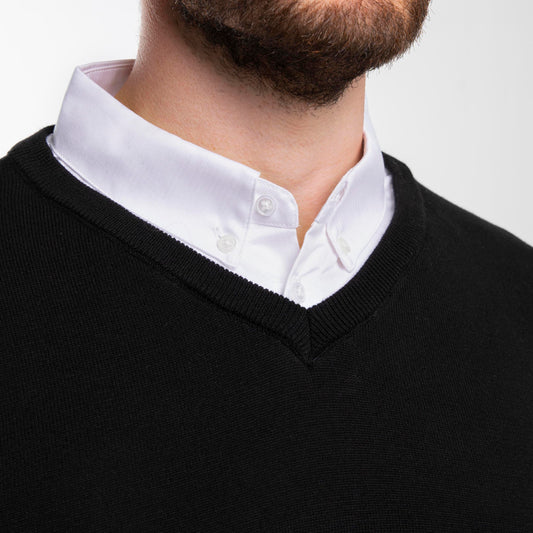 Men’s Classic Black Sweater with White Collared Shirt