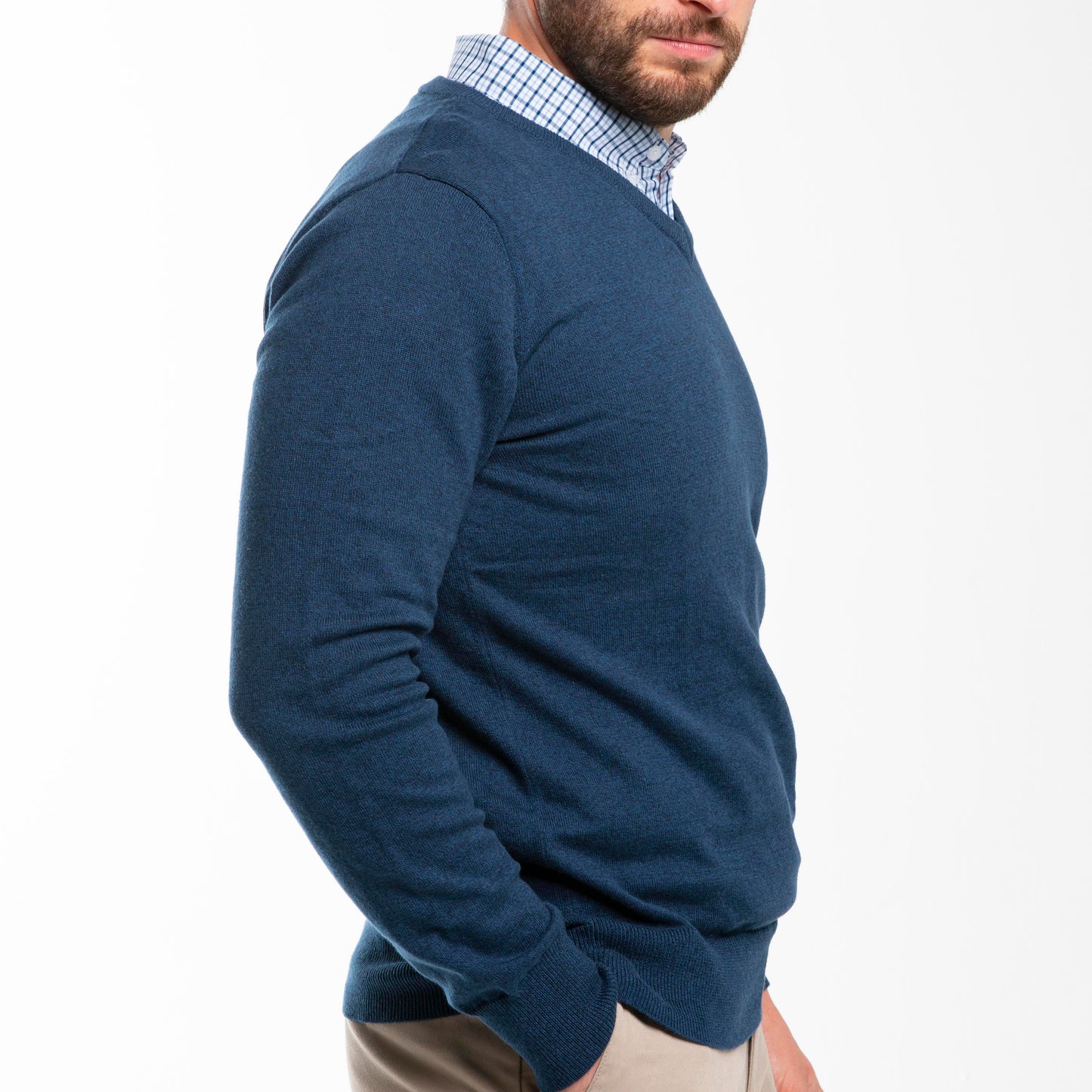 Men’s Ocean Blue Sweater with Black & Blue Check Collared Shirt