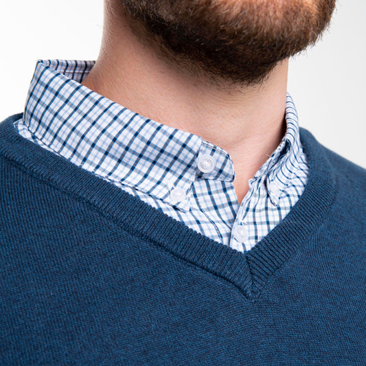 Men’s Ocean Blue Sweater with Black & Blue Check Collared Shirt