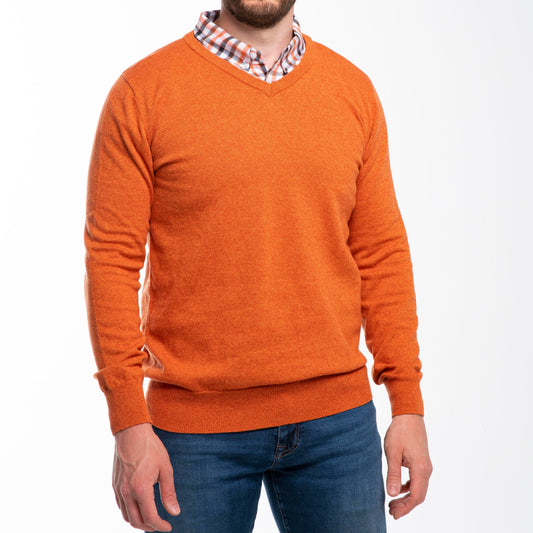 Men’s Heathered Orange Sweater with Check Collared Shirt