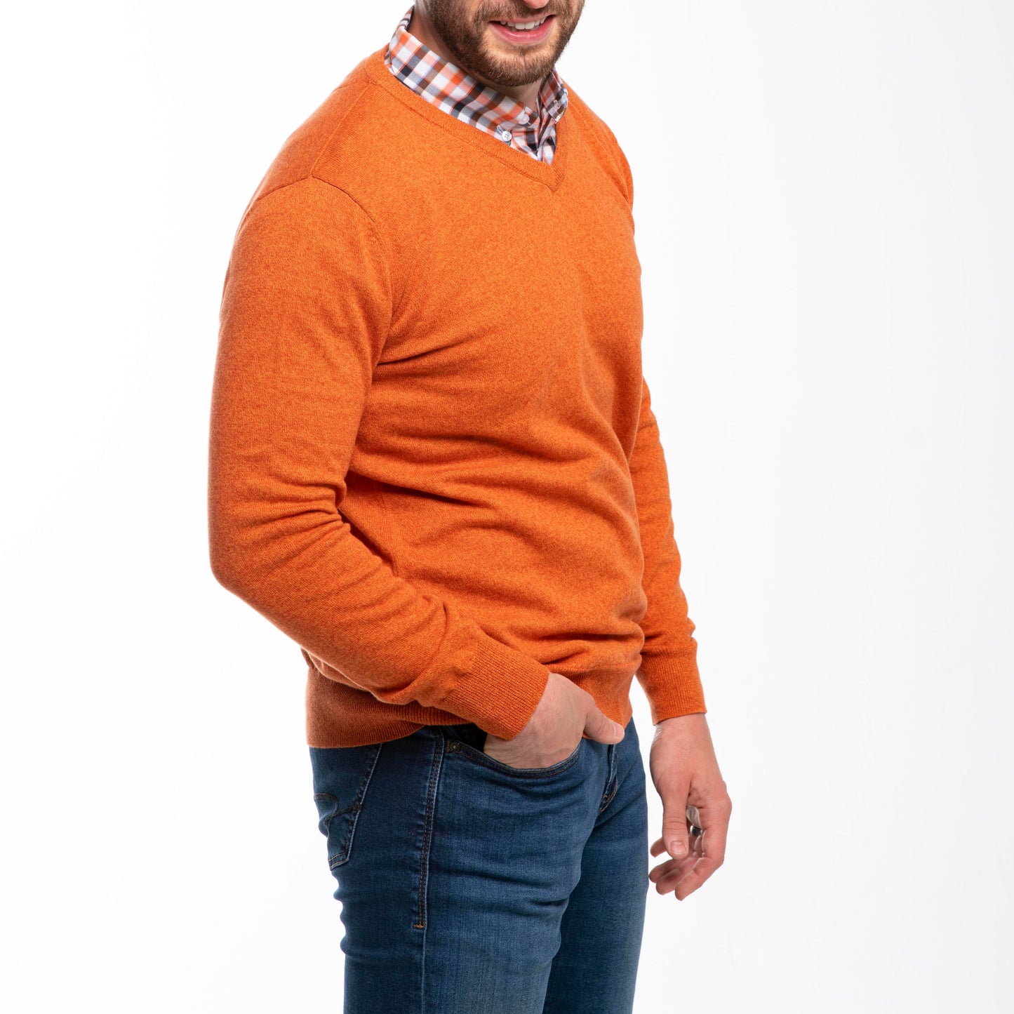Men’s Heathered Orange Sweater with Check Collared Shirt