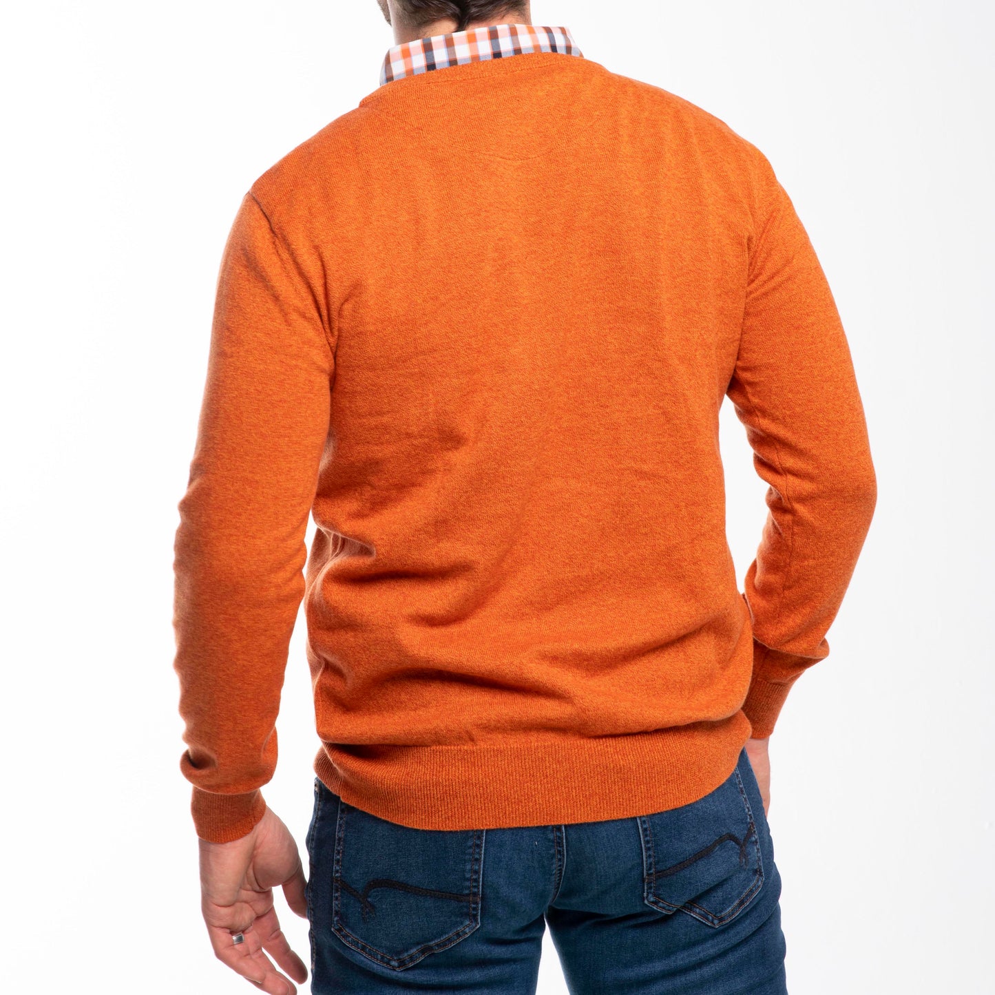 Men’s Heathered Orange Sweater with Check Collared Shirt