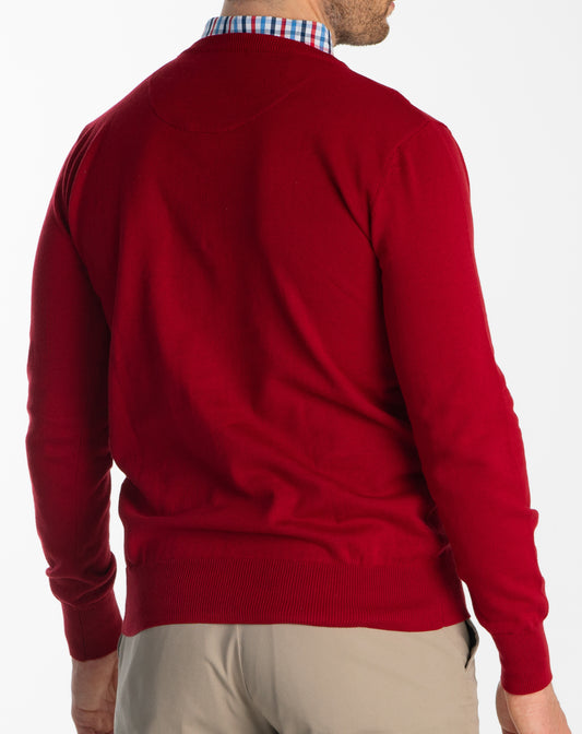 Men’s Red Sweater with Multicolor Gingham Collared Shirt