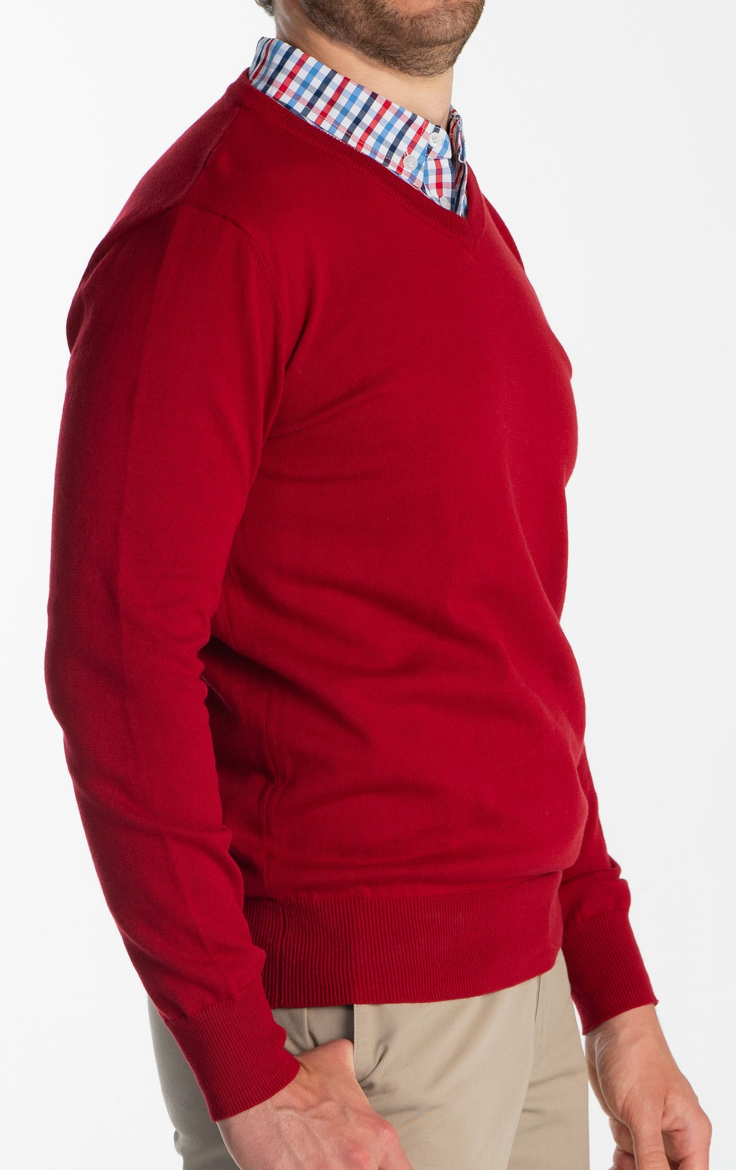Men’s Red Sweater with Multicolor Gingham Collared Shirt