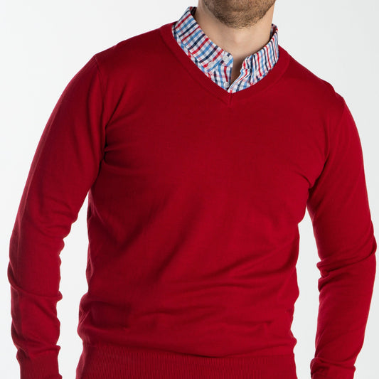 Men’s Red Sweater with Multicolor Gingham Collared Shirt