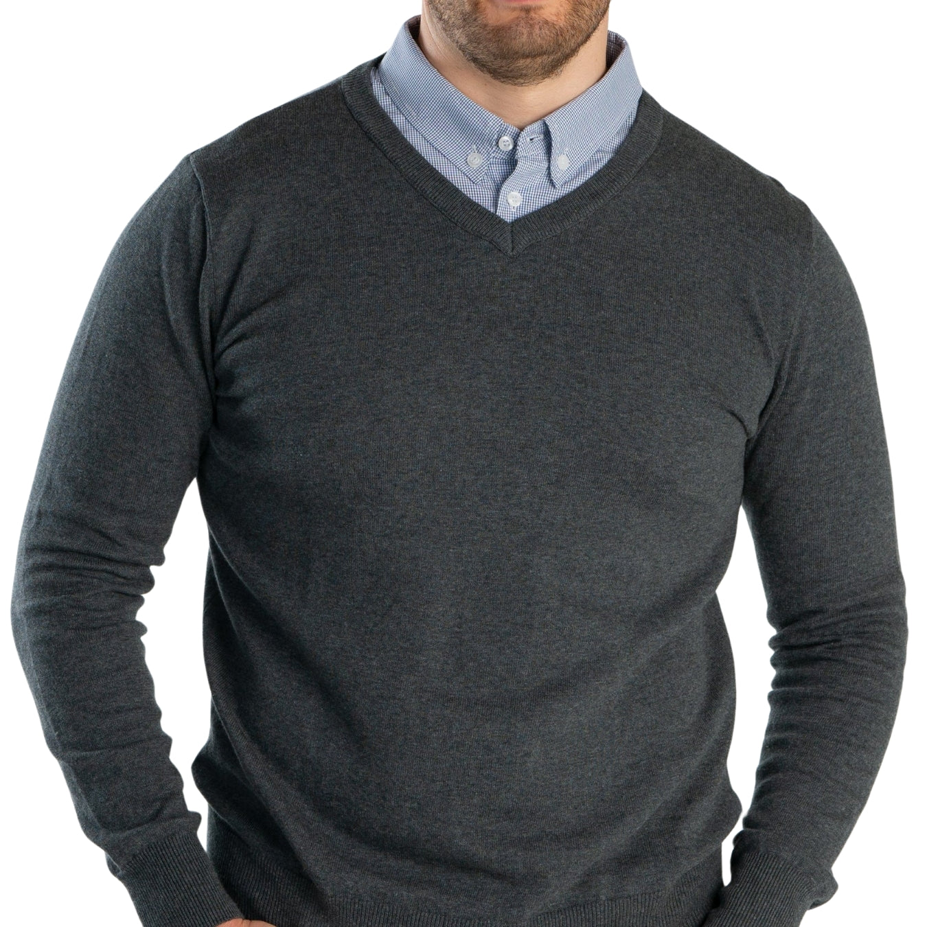 Men’s Grey Sweater with Micro Gingham Collared Shirt