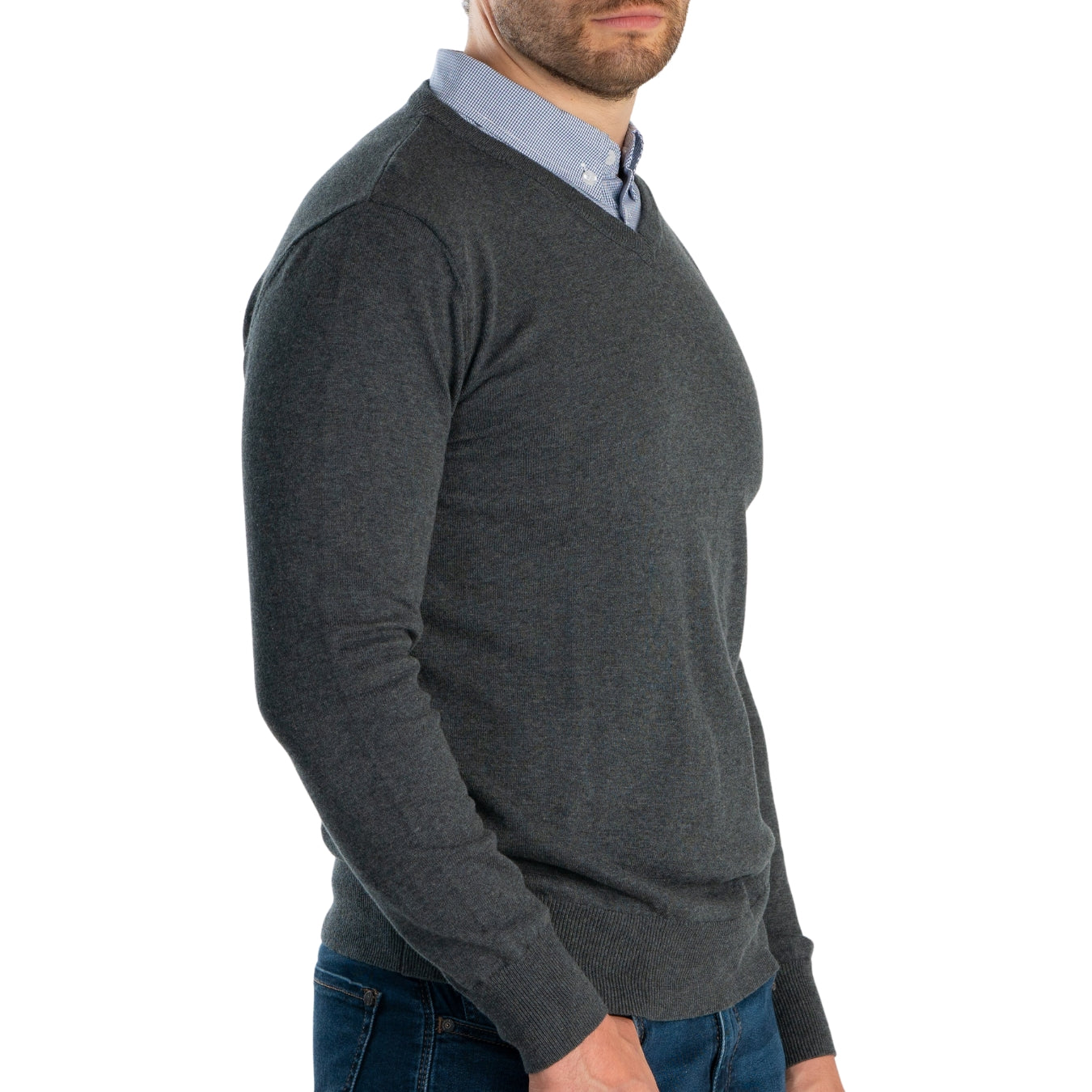 Men’s Grey Sweater with Micro Gingham Collared Shirt