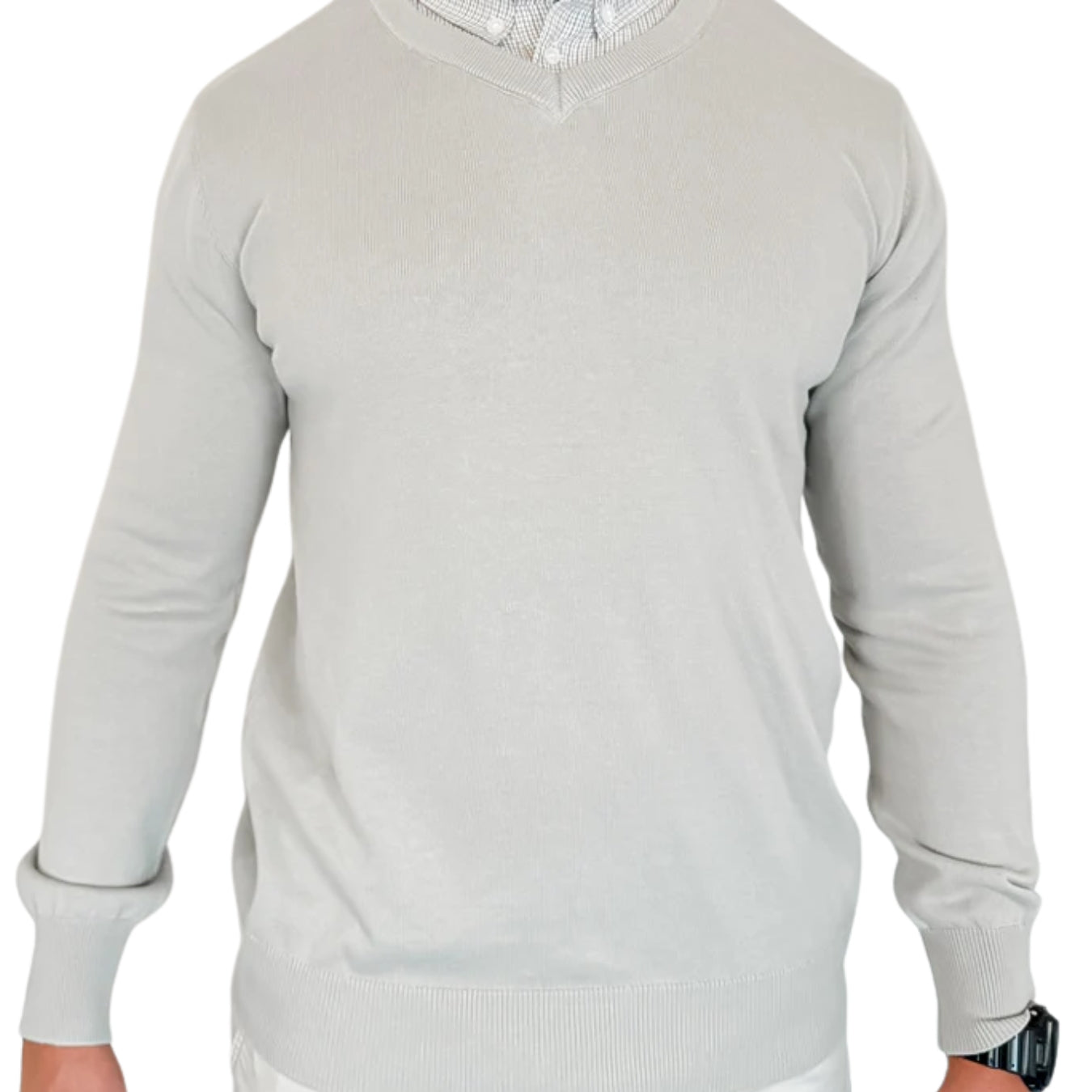 Men’s Light Grey Sweater with Black Check Collared Shirt