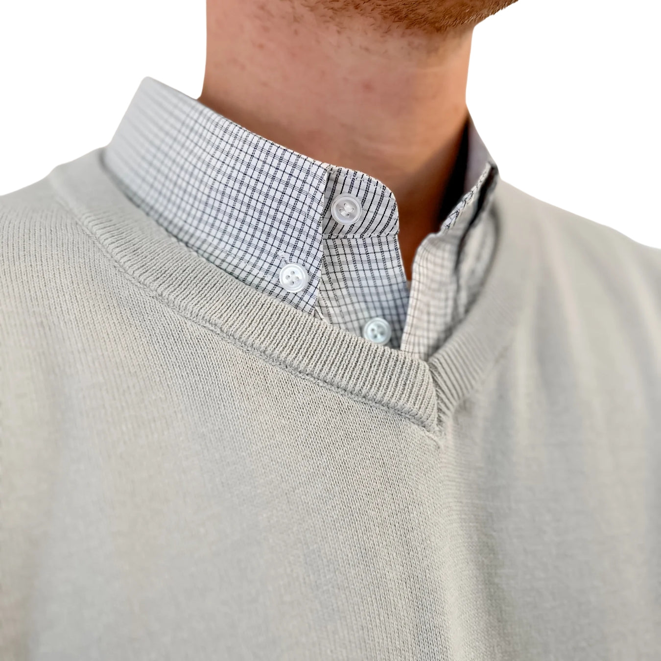 Men’s Light Grey Sweater with Black Check Collared Shirt