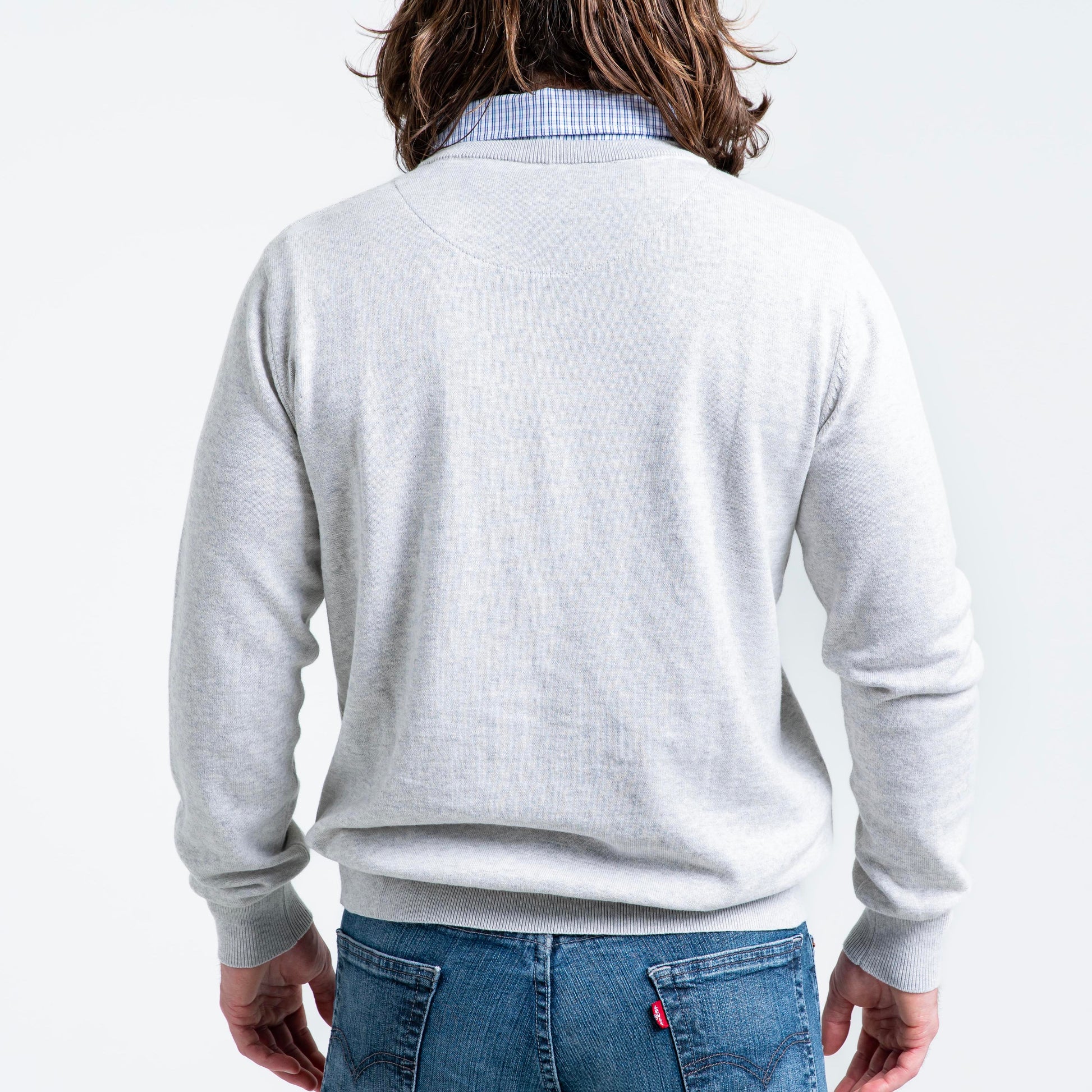 Men’s Light Grey Sweater with Blue Check Collared Shirt – Flying Point ...