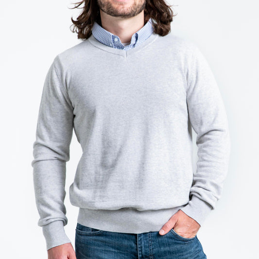 Men’s Light Grey Sweater with Blue Check Collared Shirt