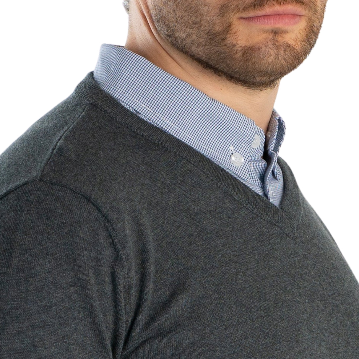 Men’s Grey Sweater with Micro Gingham Collared Shirt