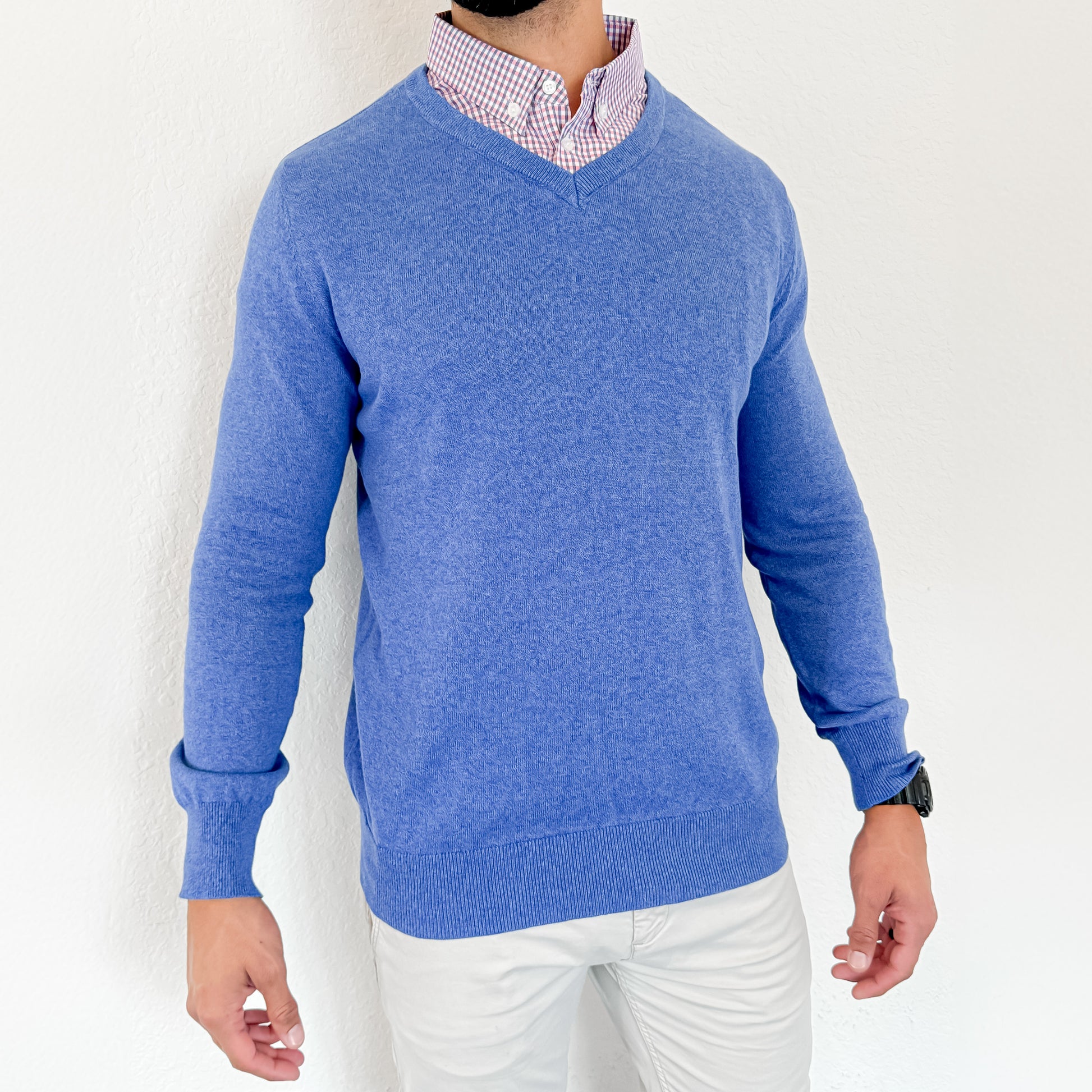 Men's Sky Blue Sweater with Pink & Blue Check Collared Shirt – Flying Point Apparel Men's Sky Blue Sweater with Pink & Blue Check Collared Shirt – Flying Point Apparel