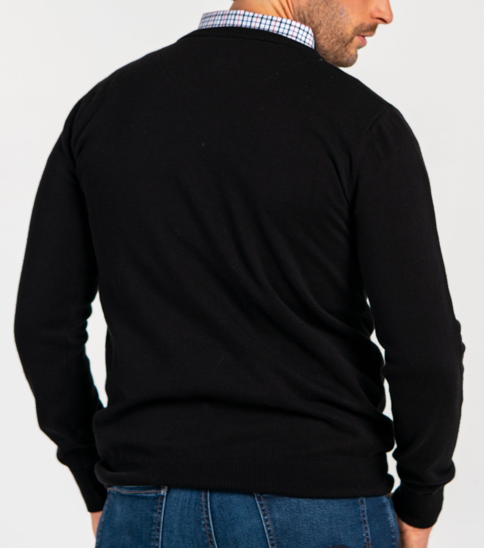Men’s Classic Black Sweater with Multicolor Gingham Collared Shirt