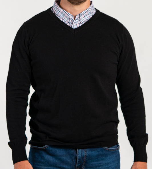 Classic Black Sweater With Multicolor Gingham Collared Shirt