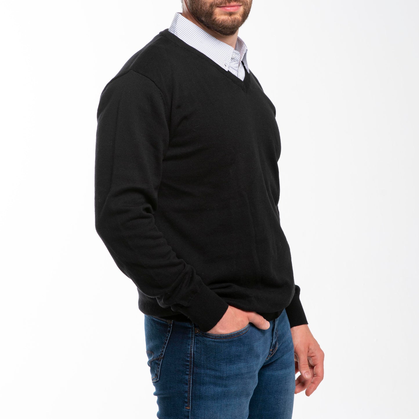 Classic Black Sweater with Black Check Collar