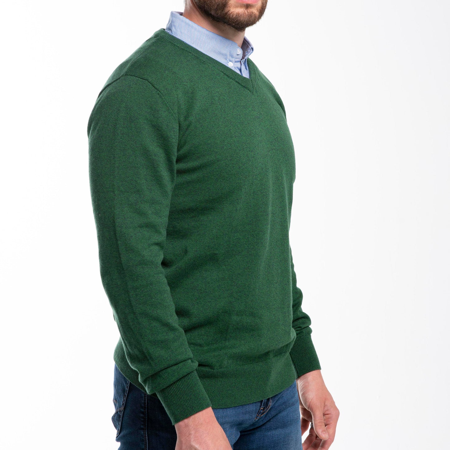 Heathered Green Sweater with Blue Collar