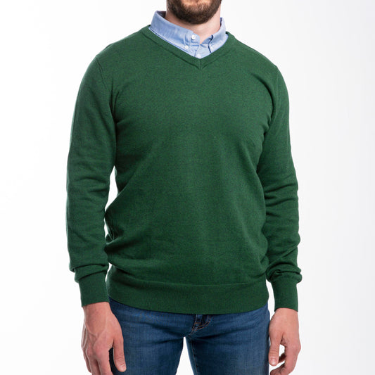 Heathered Green Sweater with Blue Collar