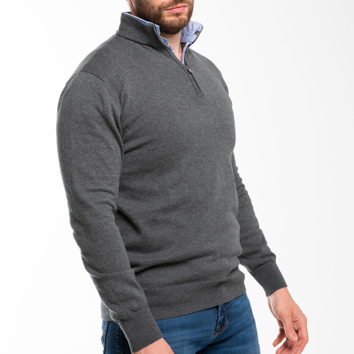 Half-Zip Grey Sweater with Blue Collar