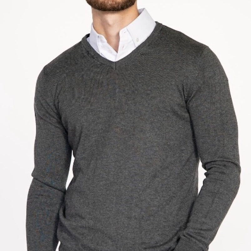 Men's Grey Sweater with White Collared Shirt 2XL