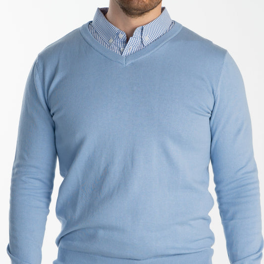 Light Blue Sweater With Light Blue Gingham Collared Shirt
