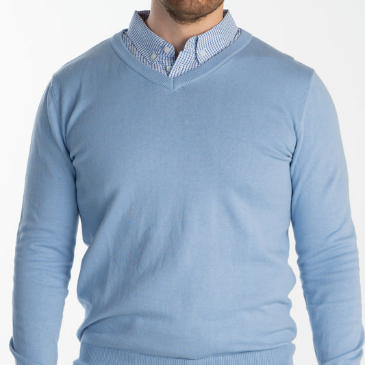 Men’s Light Blue Sweater with Light Blue Gingham Collared Shirt