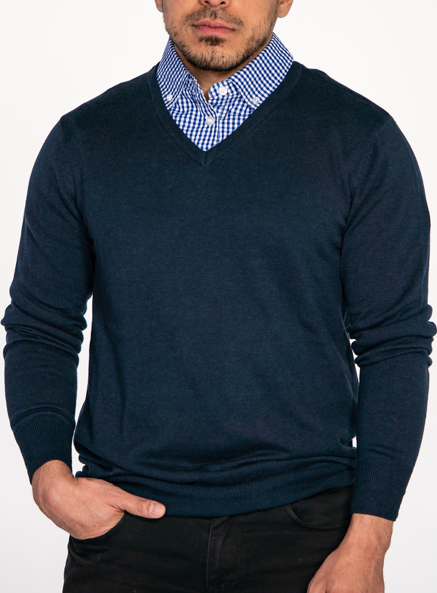 Navy Blue Sweater with Blue Gingham Collared Shirt