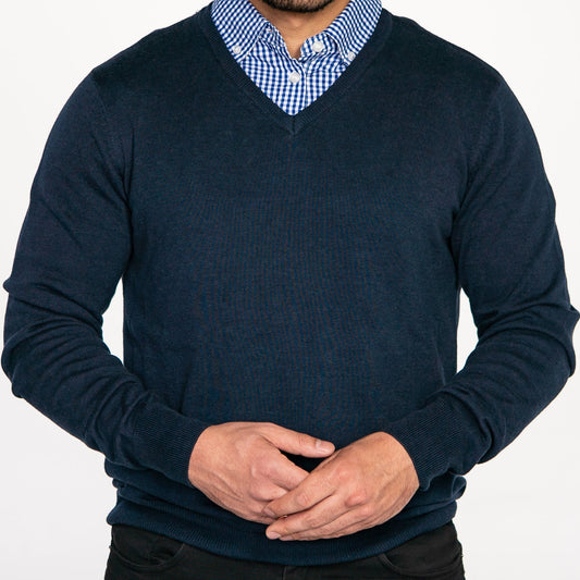 Navy Blue Sweater with Blue Gingham Collared Shirt