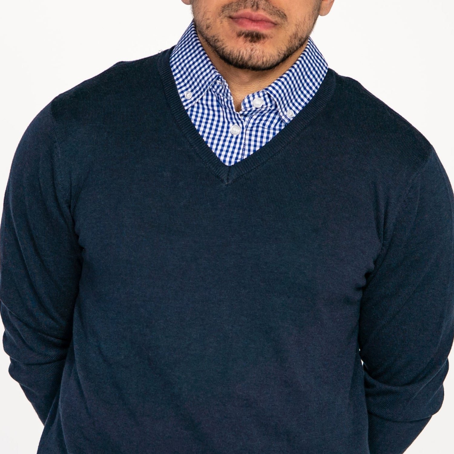Navy Blue Sweater with Blue Gingham Collared Shirt