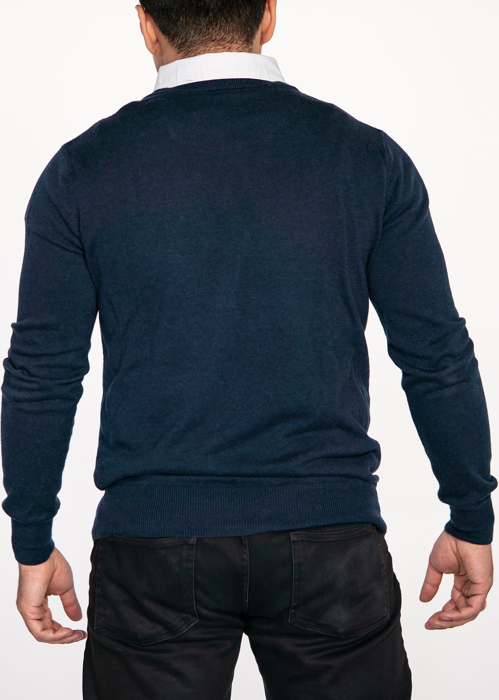 Navy Blue Sweater with White Collared Shirt