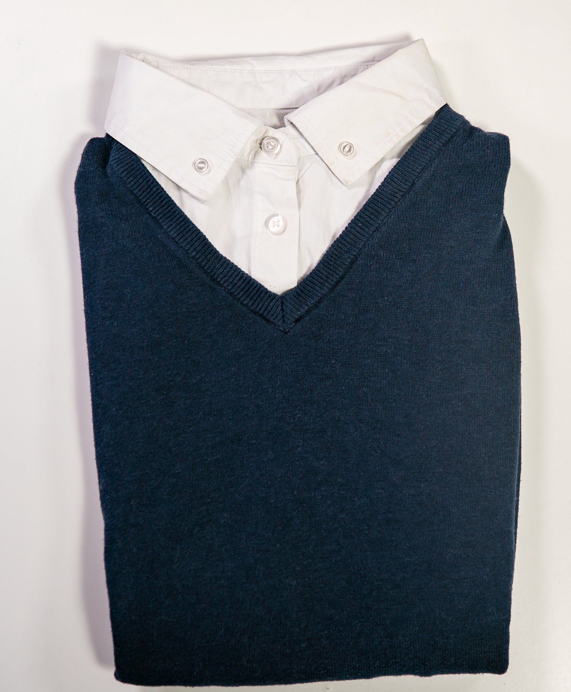 Navy Blue Sweater with White Collared Shirt