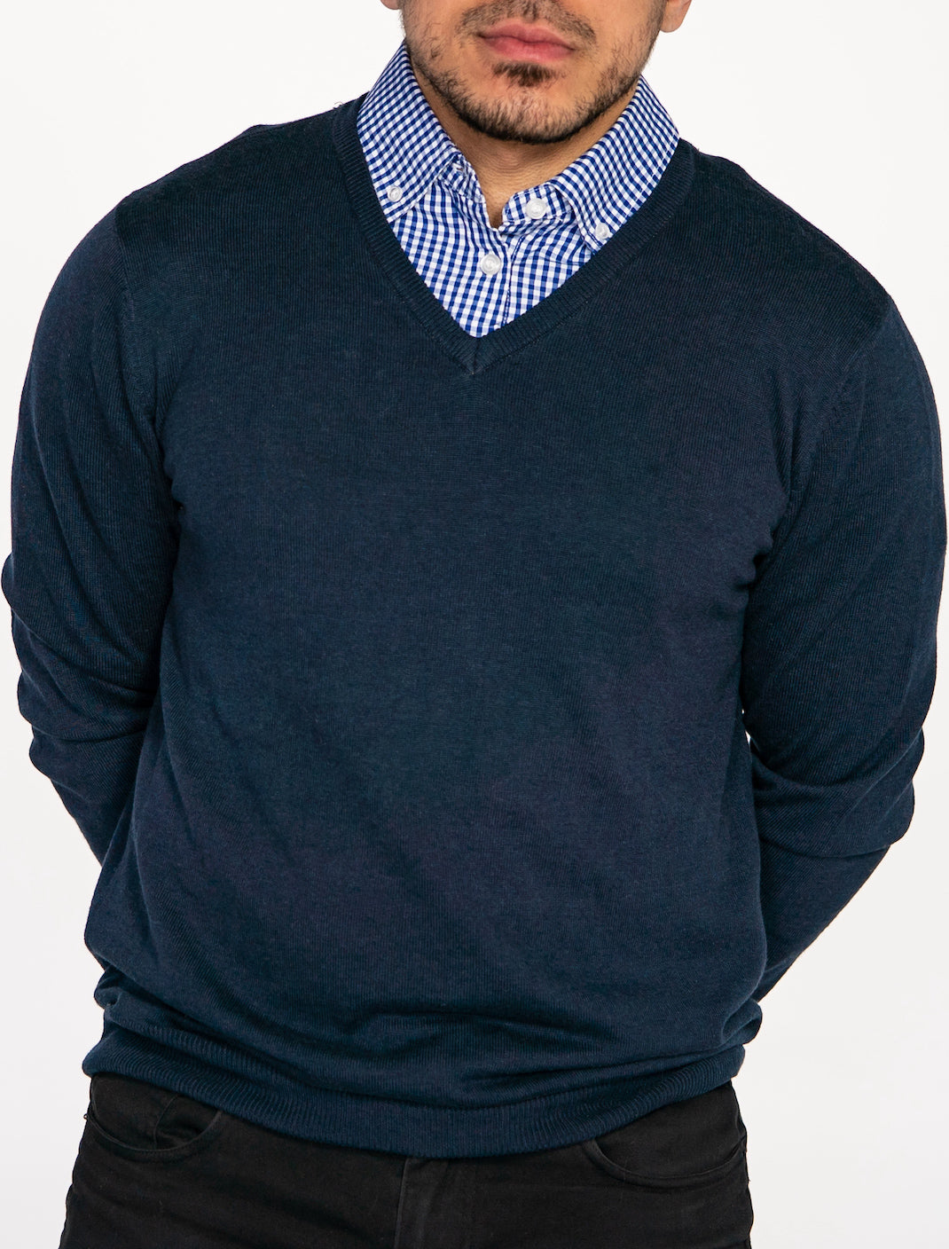 Sapphire Sweater with Blue Gingham Collared Shirt