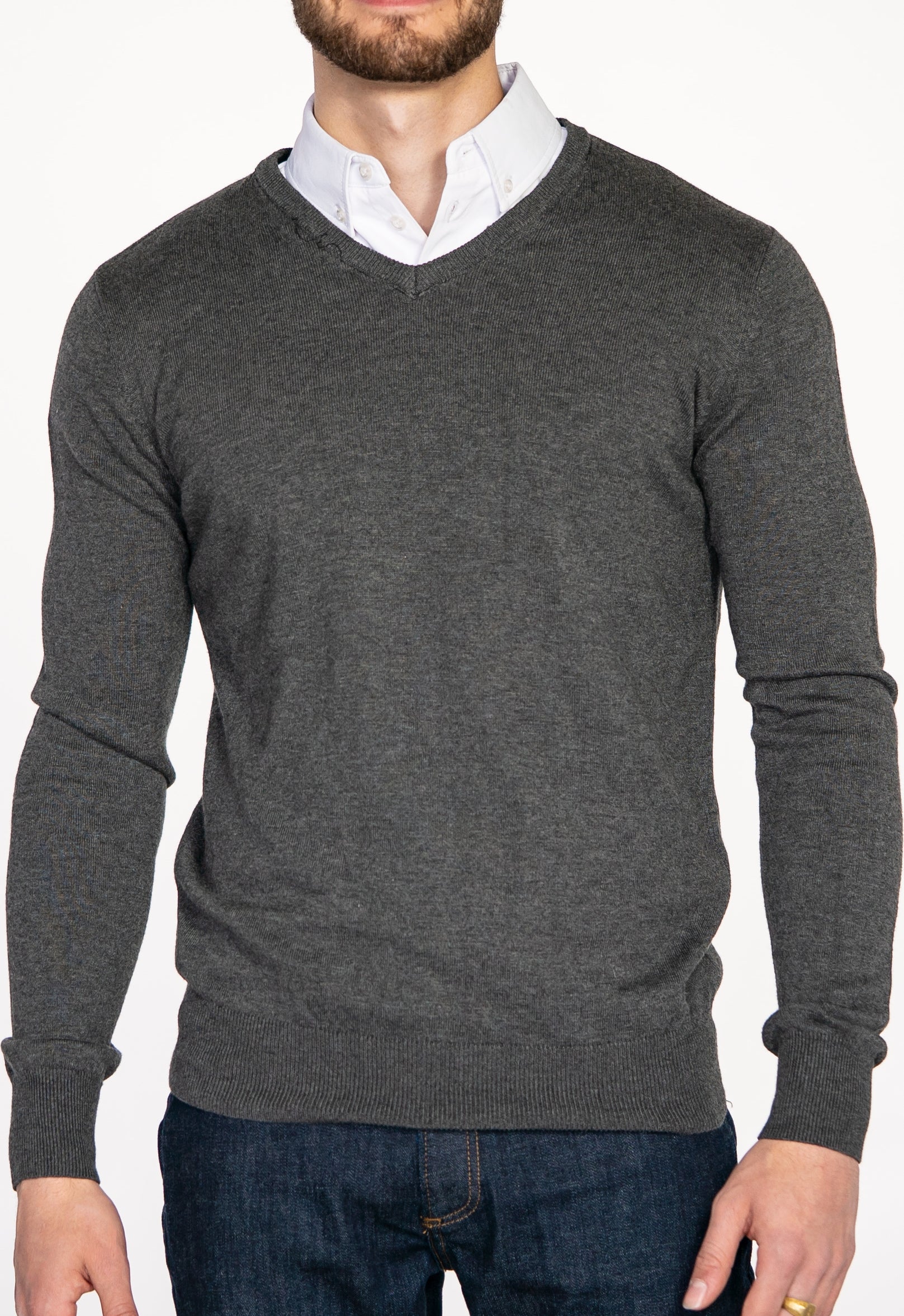 Men’s Grey Sweater with White Collared Shirt - Main Image